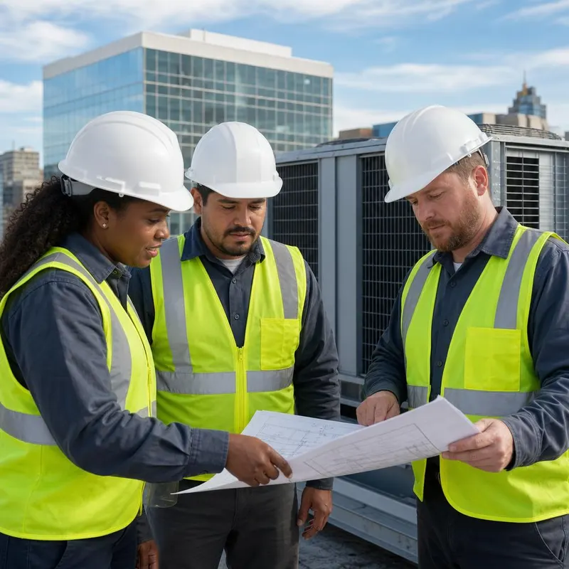 Mechanical contractors reviewing plans beside rooftop HVAC equipment