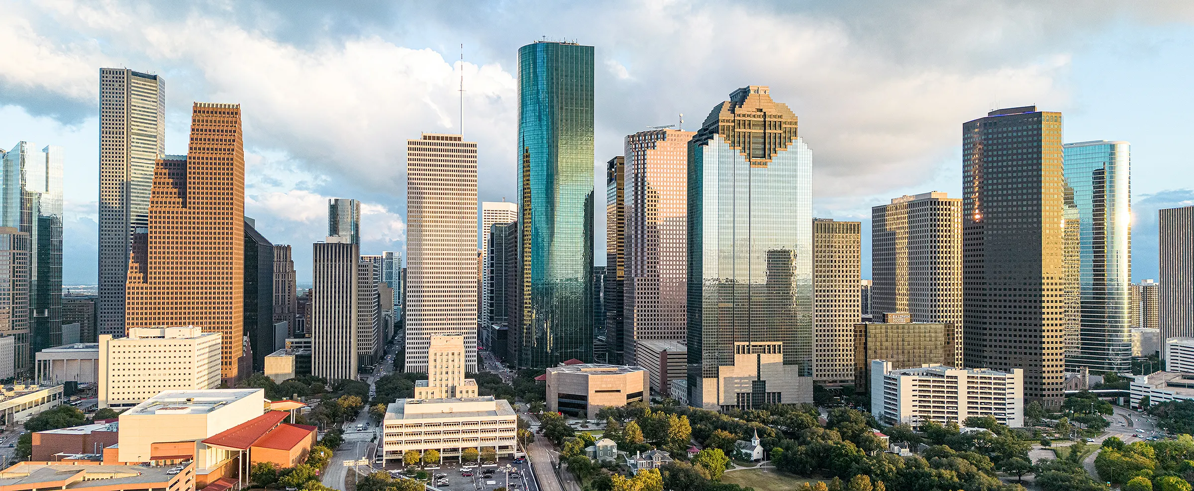Downtown Houston skyline, home of Hunton Trane's commercial HVAC team
